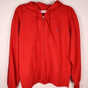 Tommy Hilfiger Jeans Y2K Womens Red Full Zip Hoodie Stripe Sleeve XL Vintage